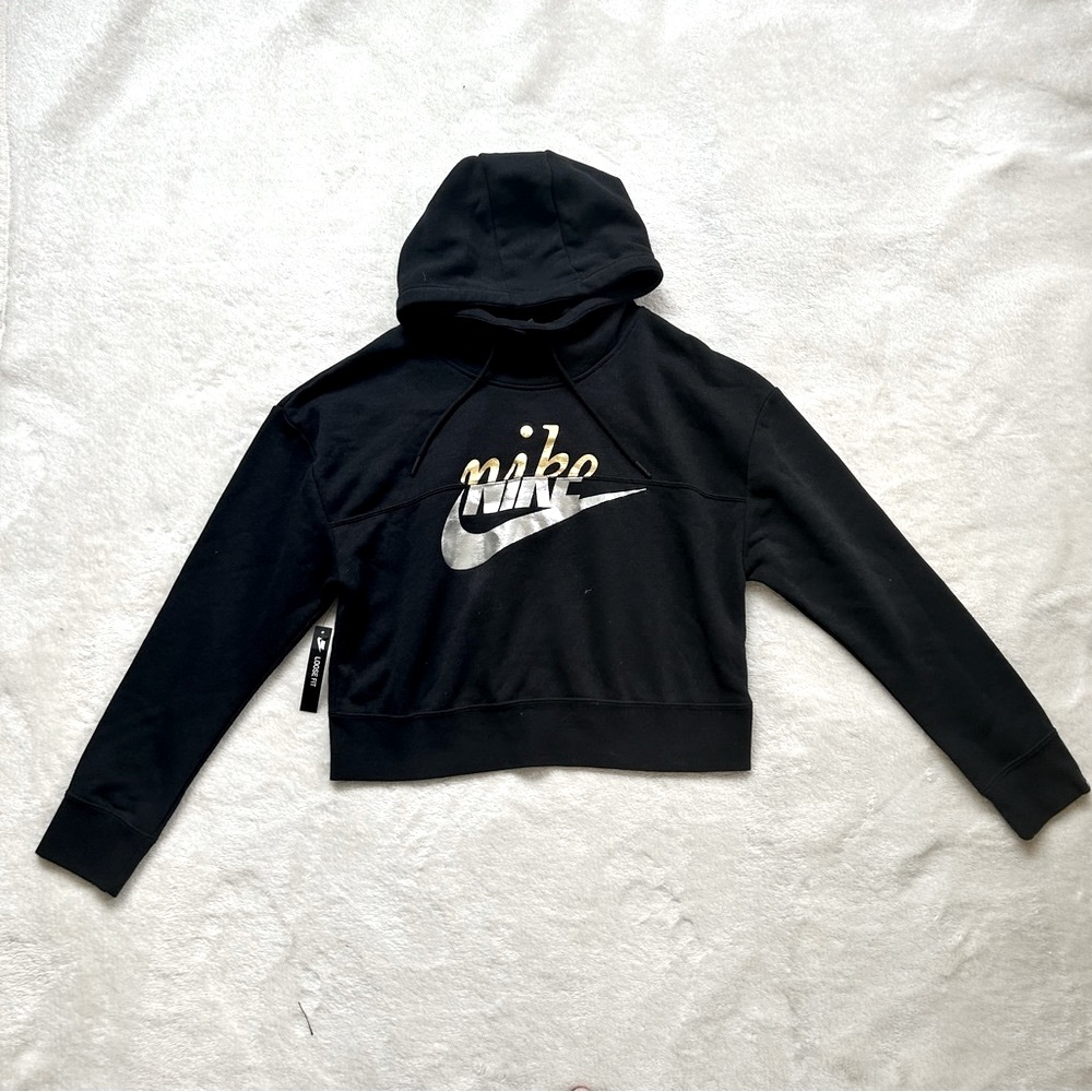 NWT Nike Relaxed Fit Crop Front Signature Hooded Sweatshirt Black XS